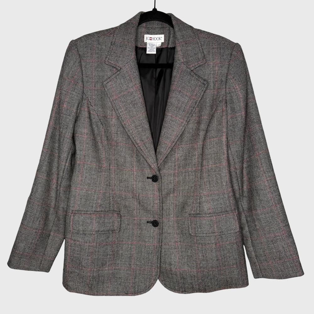 Vintage JG Hook Herringbone 100% Wool Blazer Women's Size 12 Classic Red Plaid